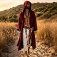 thumbnail image 5 of HuangHuanChen Mens Renaissance Shawl Cape Medieval Samurai Cloak Warrior Ren Faire Men's Oversized Hooded Coat Halloween Cape Men Shawl Collar Lightweight Open Front Drape Kimono Cardigan Red M, 5 of 5