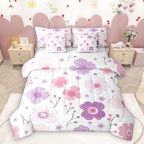 Homewish Cute Cartoon Flower 7pcs Bedding Comforter Set,Colorful Daisy Queen Bedding Sets,White Pink Purple Queen Sheet Sets For Girls,Ultra Soft Home Decor Reversible