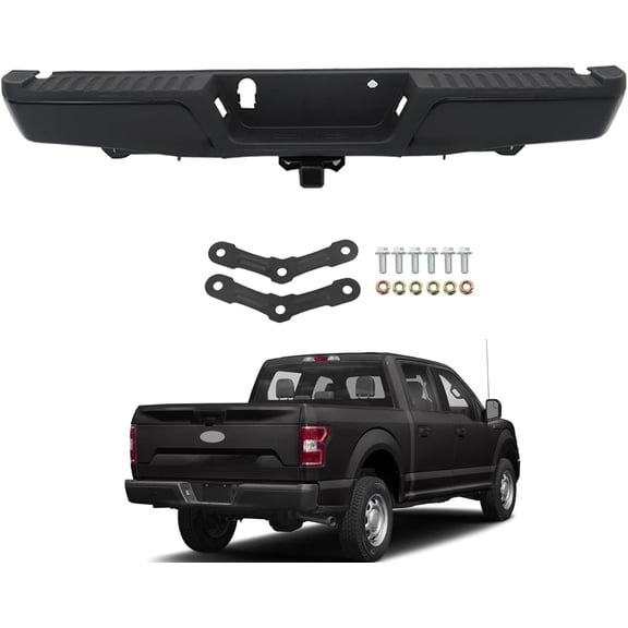 Waltyotur Auto Black Steel Rear Step Bumper Assembly without Parking Aid Sensor Holes and with Tailer Hook Replacement for 2015-2020 F-150