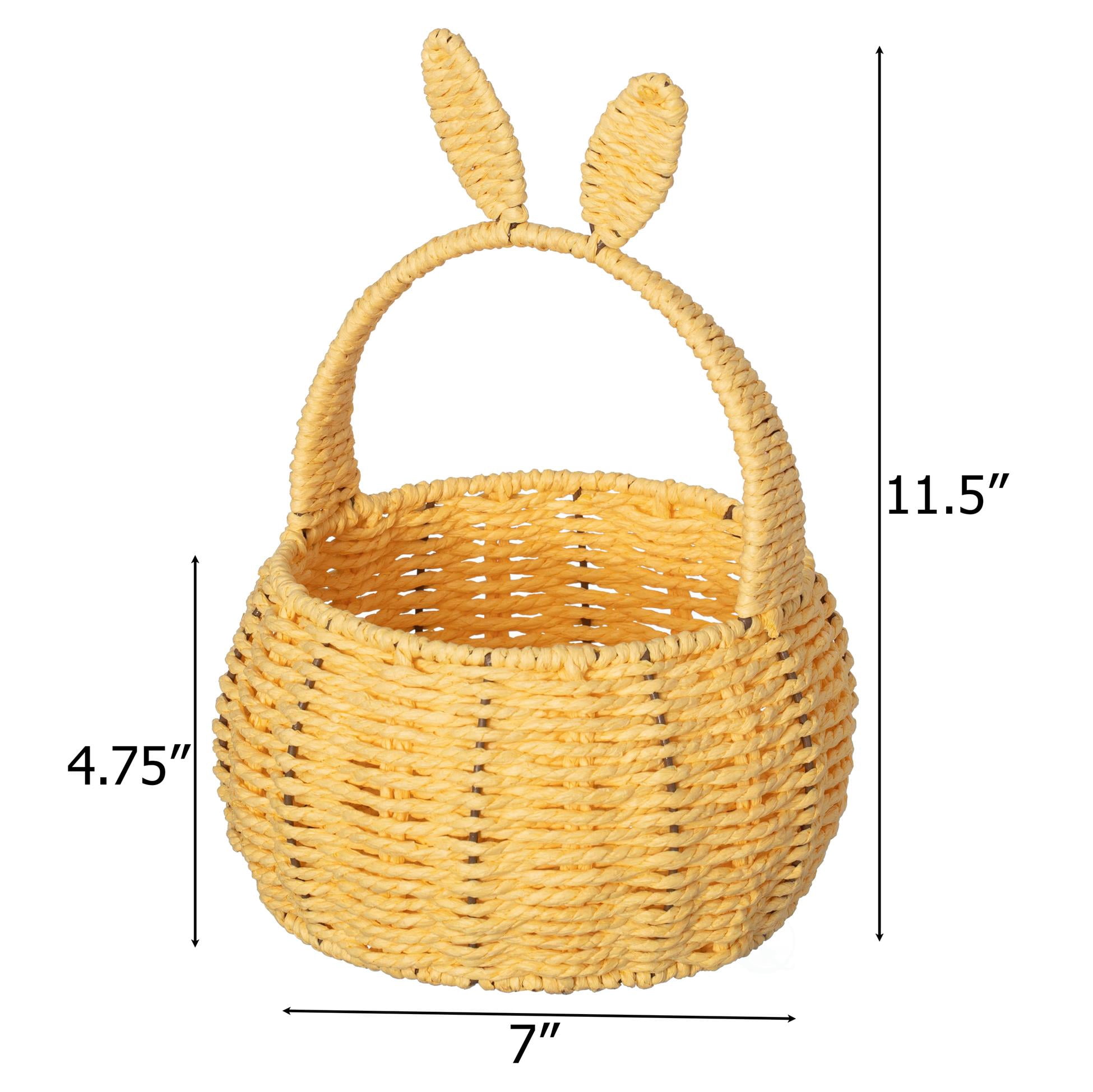 Wickerwise Hand-Woven Easter Bunny Ear Basket with Handle – Multi-Purpose Paper Rope Wicker Basket for Easter Egg Hunts, Picnics, Flower Arrangements, Food Storage, Party, and Home Decor, Yellow