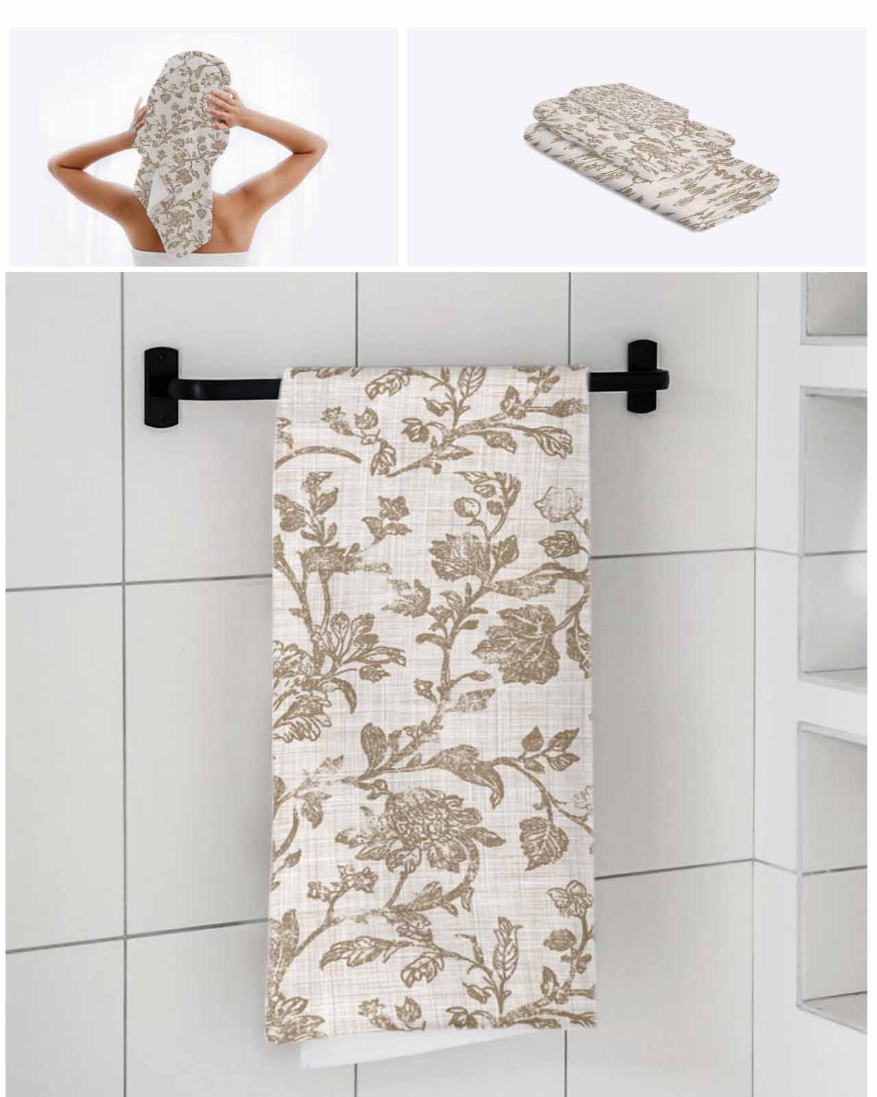 Farmhouse Khaki Bath Towels for Bathroom Set,Luxury Microfiber Towels Gifts for Women,Quick Dry Beach Kitchen Hand Hair Face Towel and Dish Washcloth,Vintage Flower Leaf Botanical Plant Towels+Set