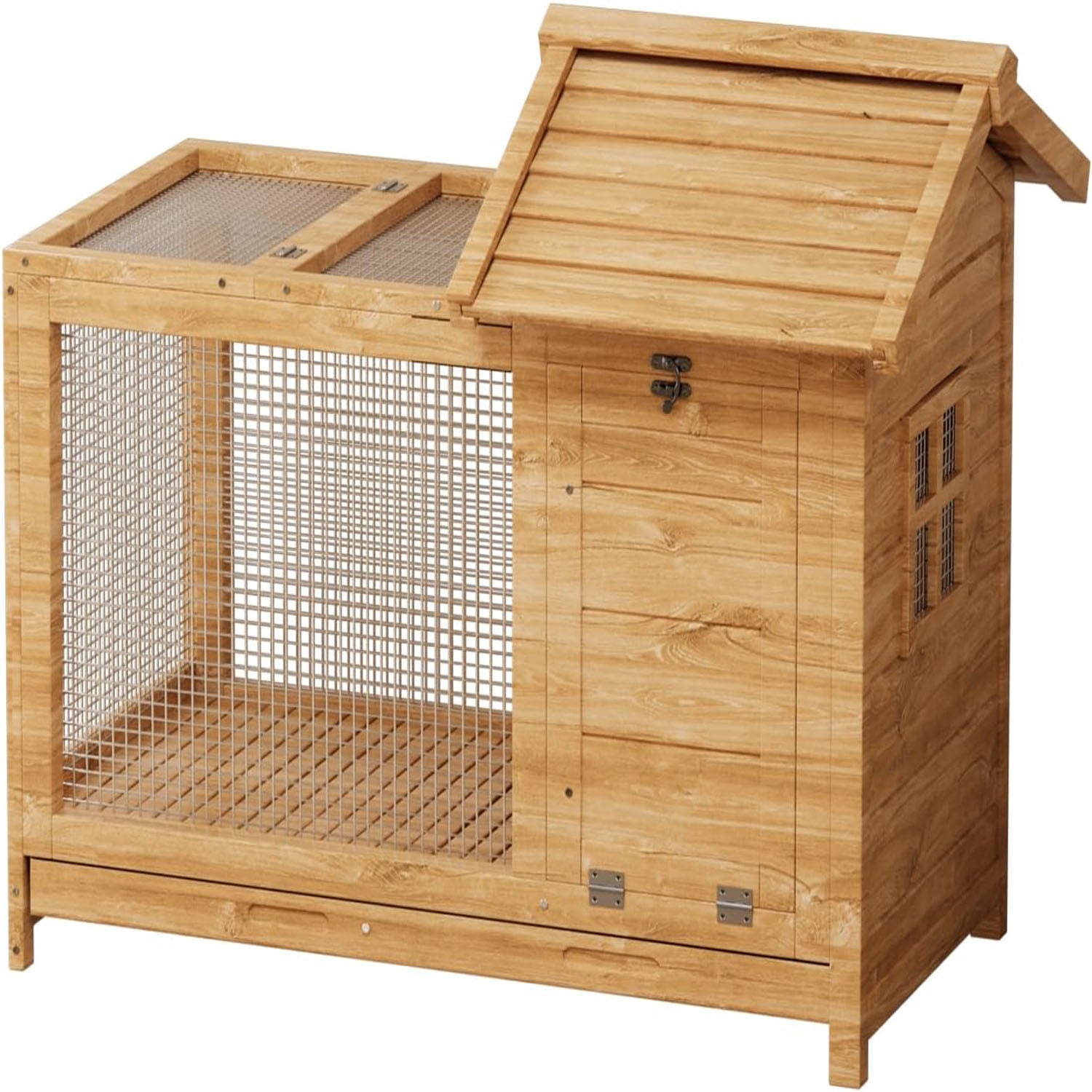 Ataujin Large Outdoor Rabbit Hutch, 2-Story Bunny Cage with Removable Wire Netting, Wooden Pet House, Waterproof Roof & Pull-Out Tray& Anti-Chew Metal Frame Ramp