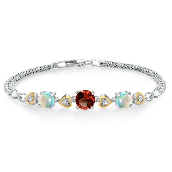 Gem Stone King 925 Sterling Silver and 10k Yellow Gold Red Garnet White Simulated Opal and White Lab Grown Diamond Bracelet for Women (3.58 Cttw, Round 7MM and 6MM, 6.5/7/7.5 inch, Made in Italy)