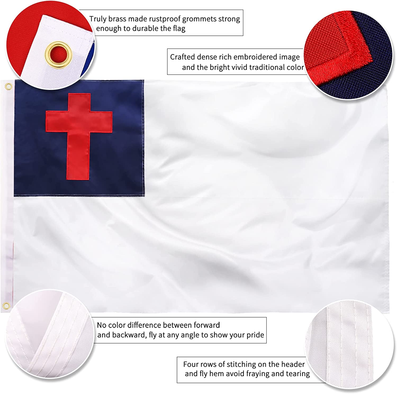 TOPFLAGS Christian Flag 3' by 5' foot Double Sided Embroidered 300D Oxford Nylon – Indoor/Outdoor, Brass Grommets, Durable for All Weather - Religious Flags 3x5 Feet (Sewn Cross)