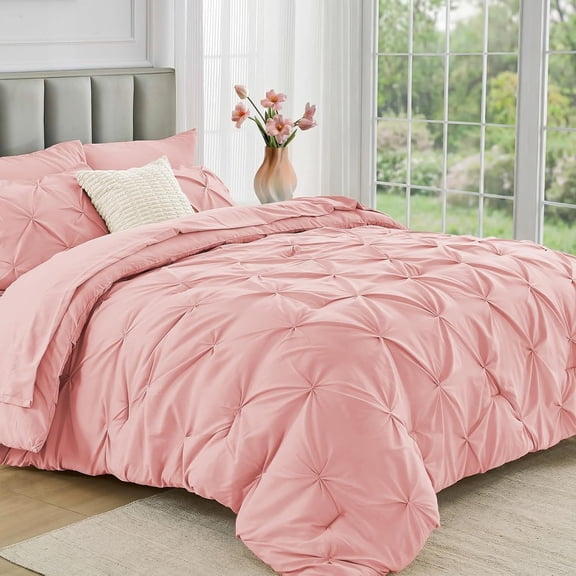 Full Size 7 Piece Comforter Set with Pintuck Design Flat Sheet Fitted Sheet Pillowcases and Shams Pink