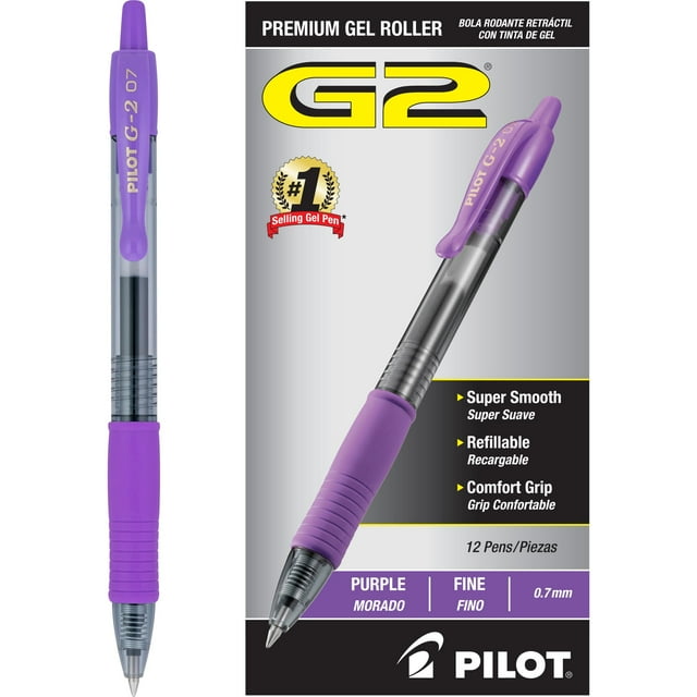 Pilot , Stylos à Bille Roulante Gel G2 Premium, Pointe Fine 0,7 mm, Violet, Lot de 12
