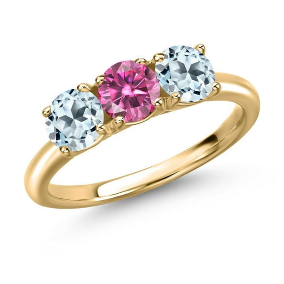 Gem Stone King 10K Yellow Gold Pink Moissanite and Sky Blue Topaz Engagement Ring for Women | 1.90 Cttw | Round 5MM | Gemstone Birthstone | Size 7