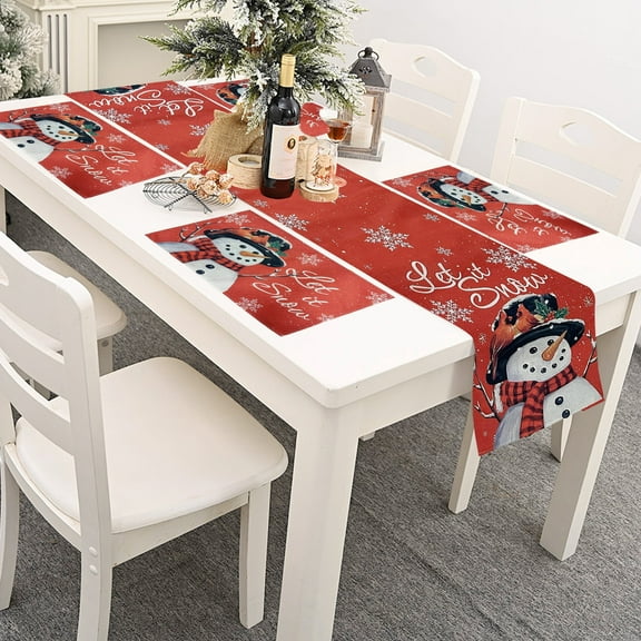 Christmas Table Runner 13 x 72 Inch with Dinner Mat Set of 4 Snowman Seasonal Winter Holiday Dining Table Decoration