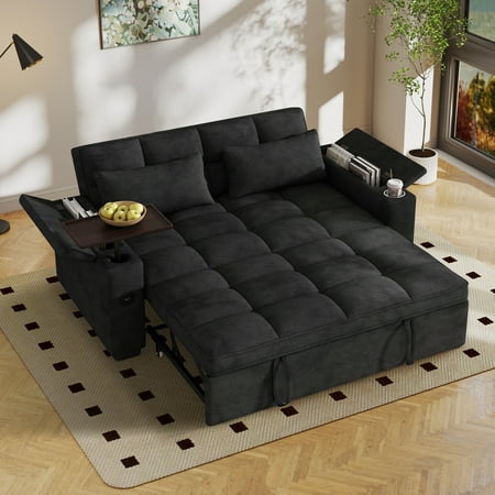 Aukfa 65"W Convertible 3-in-1 Sofa Bed with Storage, Queen Chenille Sleeper Couch with USB/Type-C Ports & Rotating Side Table,Black
