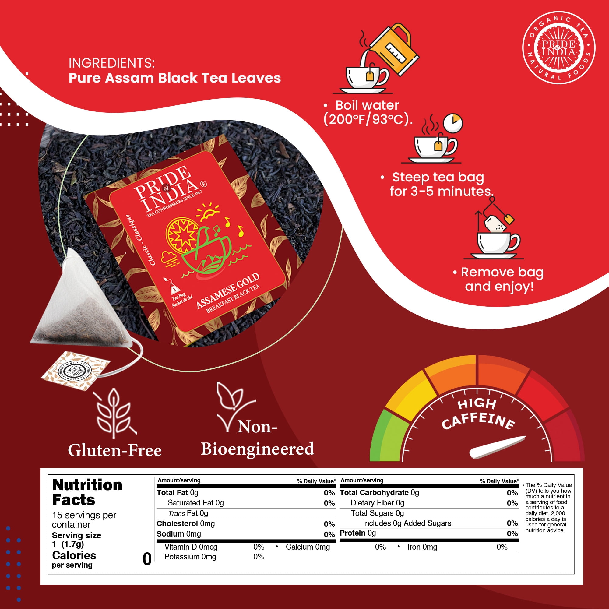 Pride of India Assamese Gold English Breakfast Tea, 15 Count