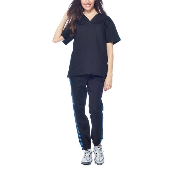 Dagacci Medical Uniform Unisex Men and Women V-Neck Athletic Trim Cotton Scrub Set (Black,XXXL)