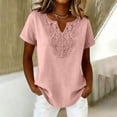 thumbnail image 3 of BRGZLK Womens Cotton Linen Tops Boho Eyelet Lace Solid Color Split V Neck Casual Trendy Roll Up Short Sleeve Lightweight Breathable Blouses Dressy Casual Vacation Pink M, 3 of 4