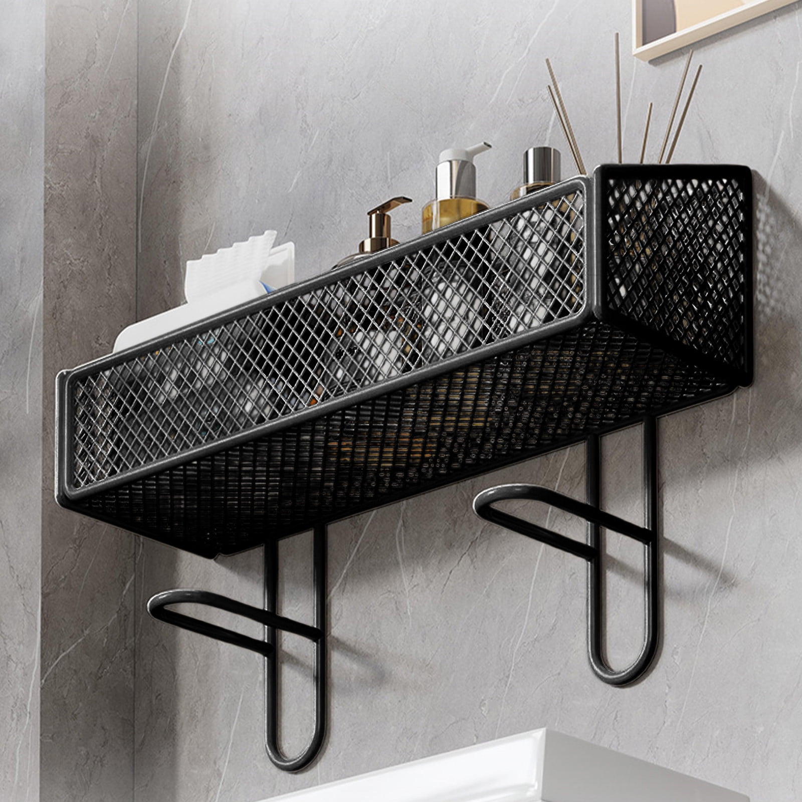Litrail No-Drill Over Toilet Storage Rack, Sturdy Iron Toilet Tank Organizer with Open Mesh, Black/White Optional for Bathroom Space-Saving