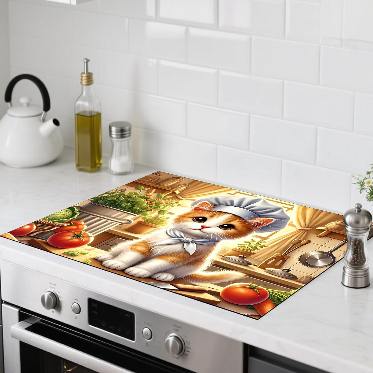 Stove Top Cover Chef Cat Design 20.47x28.34inch Polyester-Diatom Mud Blend Glass Stove Top Cover Protector for Kitchen Decor