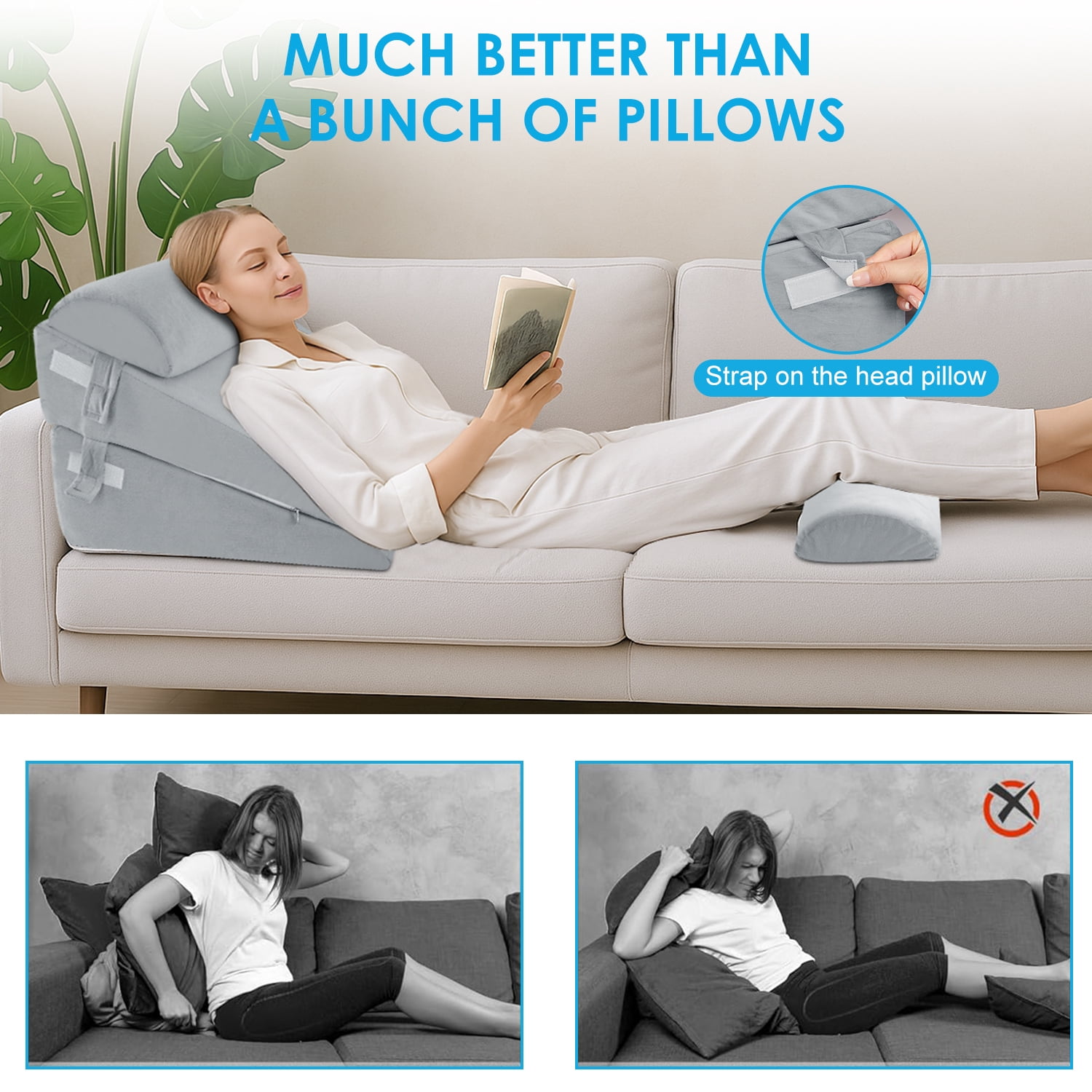 WANALIT Wedge Pillow for Sleep Apnea, Adjustable Wedge Pillow Headboard, Bed Wedge Pillow for Back, Neck, Leg Pain Relief, Pillow Wedge for Sleeping, Acid Reflux with Neck Support Pillow, Grey