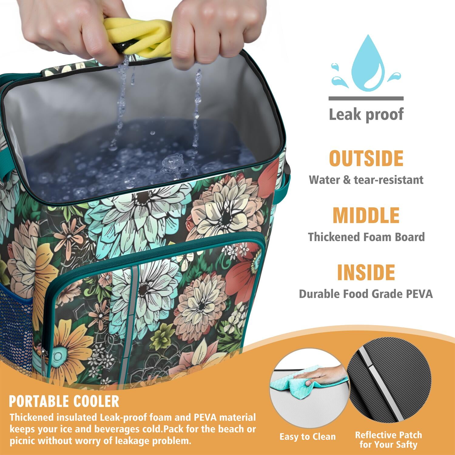 Travel Cooler Bag - Pioneer Flower Floral Print Pattern Camping Beer Cooler Backpack with Bottle Opener- Waterproof Insulated Picnic Backpacks - Cooler Bag for Beach