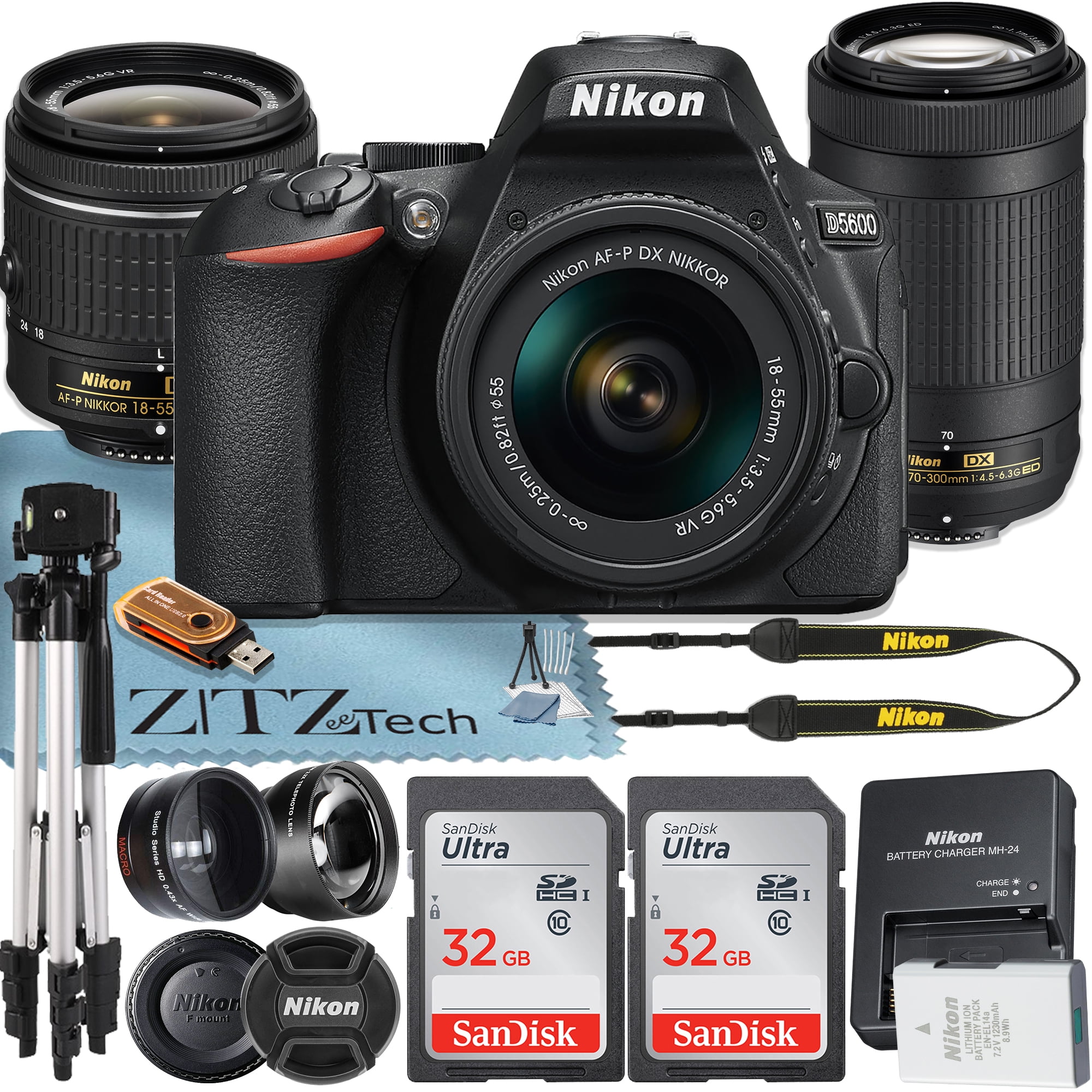 Nikon D5600 DSLR Camera 24.2MP DXFormat with 1855mm + 70300mm Lens + 2 Pcs SanDisk 32GB