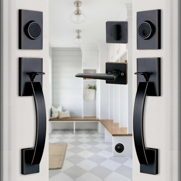 Front Double Door Traditional Style Keyed Entry Door Handleset with Lever Handle in Matte (Keyed and Dummy Set) MDHSTDBSETBR