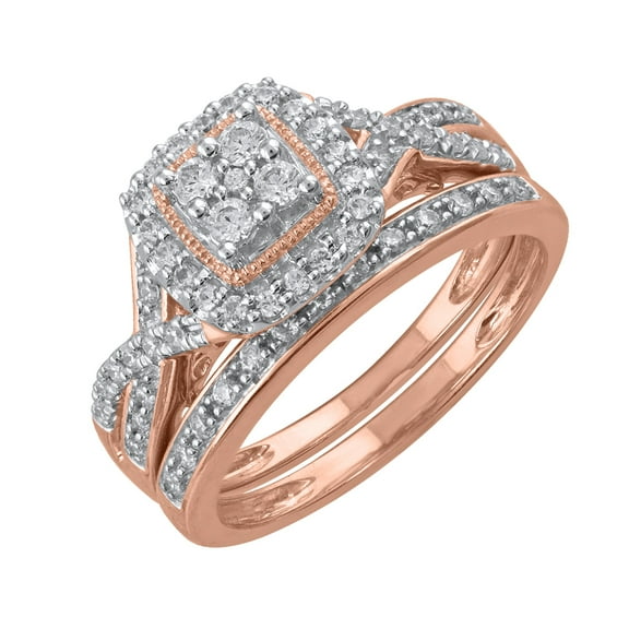 1/2 Carat Round Diamond Bridal Ring Set in 14K Rose Gold - IGI Certified (Ring Size 8) (I1-I2 Clarity)