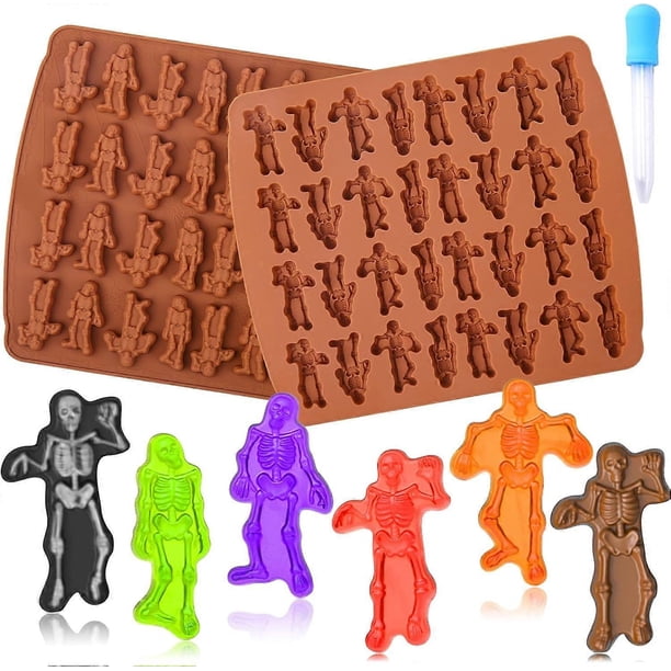 Halloween Candy Gummy Molds Silicone Skull, 2 Pcs 32 Cavity Skeleton Halloween Silicone Mold Chocolate with 1 Pcs Dropper