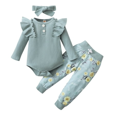

nsendm Clothes Set Baby Girls Long Sleeve Ruffles Bodysuit Romper Leopard Floral Printed Baby Girl Blue 18-24 Months