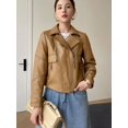 thumbnail image 2 of Abrigo de piel natural de oveja para mujer, chaqueta de moto de cuero genuino con cuello entallado y cremallera corta de lujo a la moda, chaqueta femenina, 2 of 5