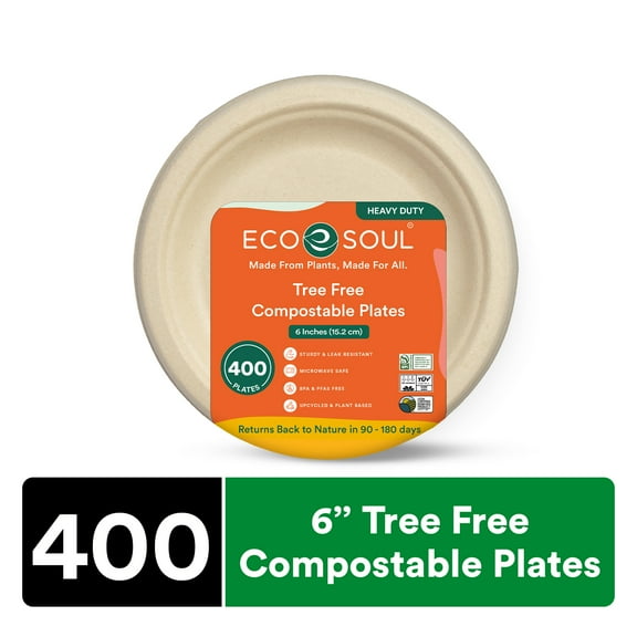 ECO SOUL 6 Inch Round [400-Pack] Tree Free Compostable Plates I PFAS free, Heavy-Duty Eco-Friendly Appetizer Plates I Biodegradable Sugarcane Eco Plates | Microwavable