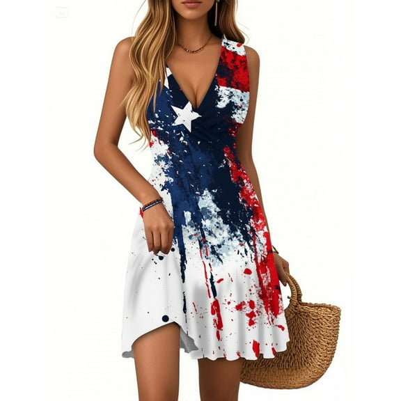 WTOBBY Women's Independence Day Print Summer Dress V-Neck Sleeveless Casual Pleated Hem Dress with Patriotic Theme for 4th July Celebrations and Events,BeigeL