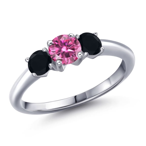 Gem Stone King 925 Sterling Silver Pink Moissanite and Black Onyx Engagement Ring for Women | 0.94 Cttw | Round 5MM | Gemstone Birthstone | Size 9
