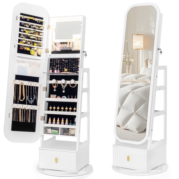 Costway 360° Swivel Jewelry Cabinet with Full-Length Mirror & Dual Hooks, Storage Shelves