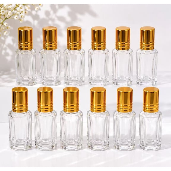 12 Pack 12ml (0.40 fl oz) Clear Glass Roll-On Bottles with Gold Caps for Perfume