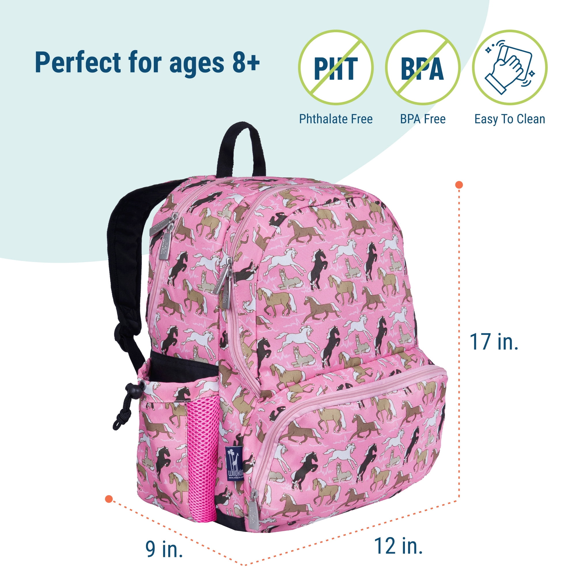 Wildkin Kids 17 Inch Backpack for Boys and Girls, Perfect for School and Travel (Horses in Pink)