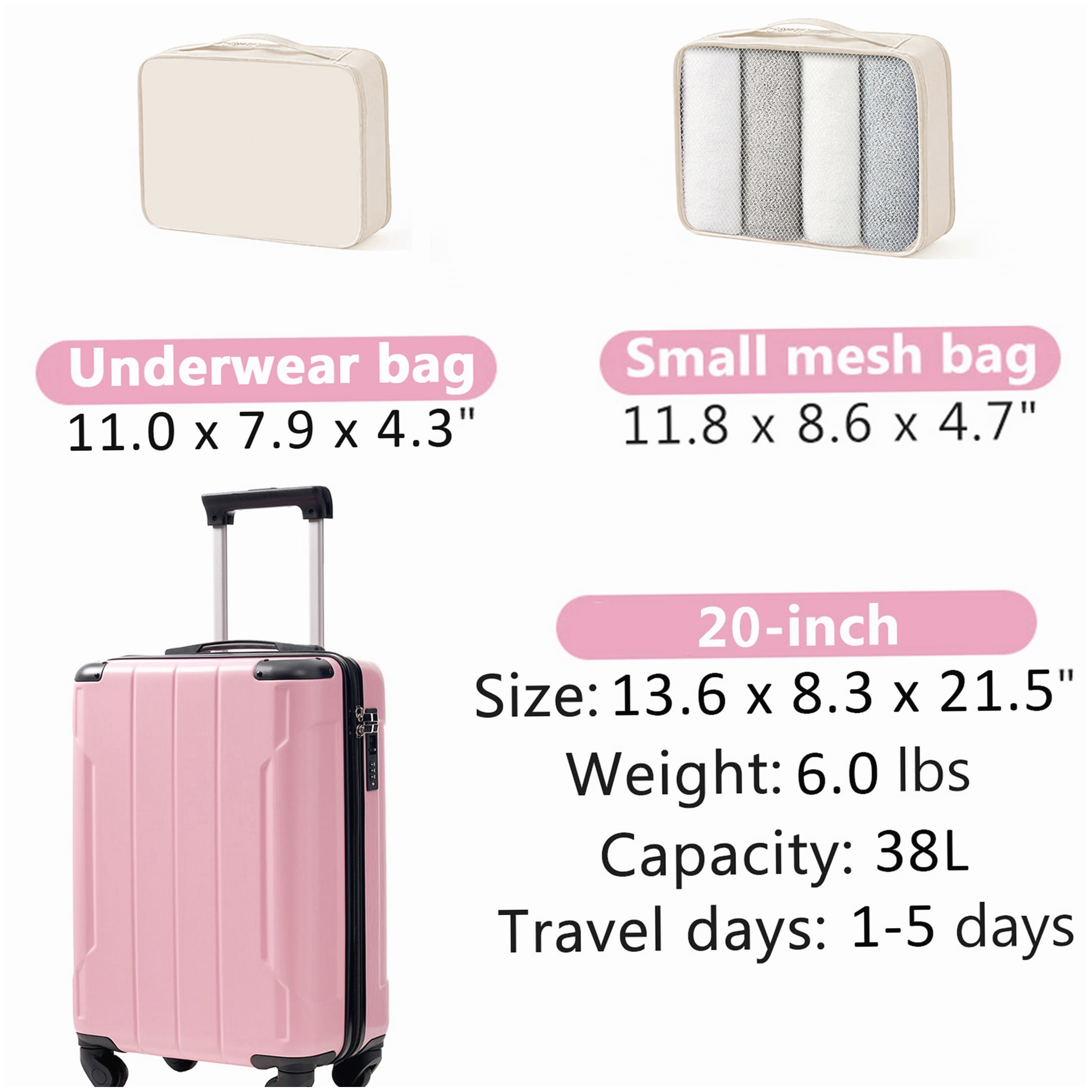 MANGIJOY Lightweight ABS Carry-On Luggage 20 Inch, Pink Hardshell Suitcase with 8 Spinner Wheels &; TSA Lock, Includes Packing Organizers