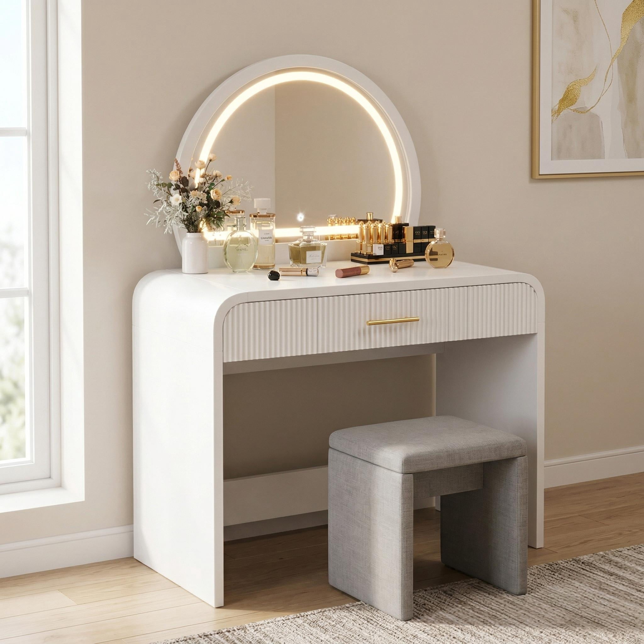 Homy Casa Vanity Table with Lighted Mirror, Large Drawer & White Makeup Desk