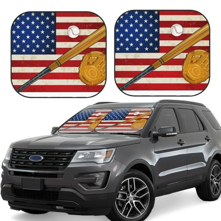 Hirioo American Flag And Baseball for 2PCS Windshield Sun Shade Foldable | Front Windshield Shade for Sun Heat and UV Rays-Medium