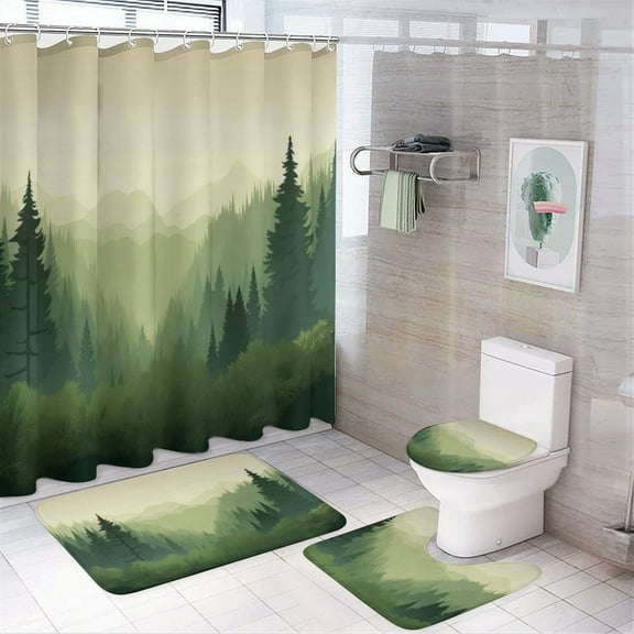 Nature Forest Shower Curtain Sets Non-Slip Rugs Bath Mat Toilet Cover U Shaped Mat 4 Pcs
