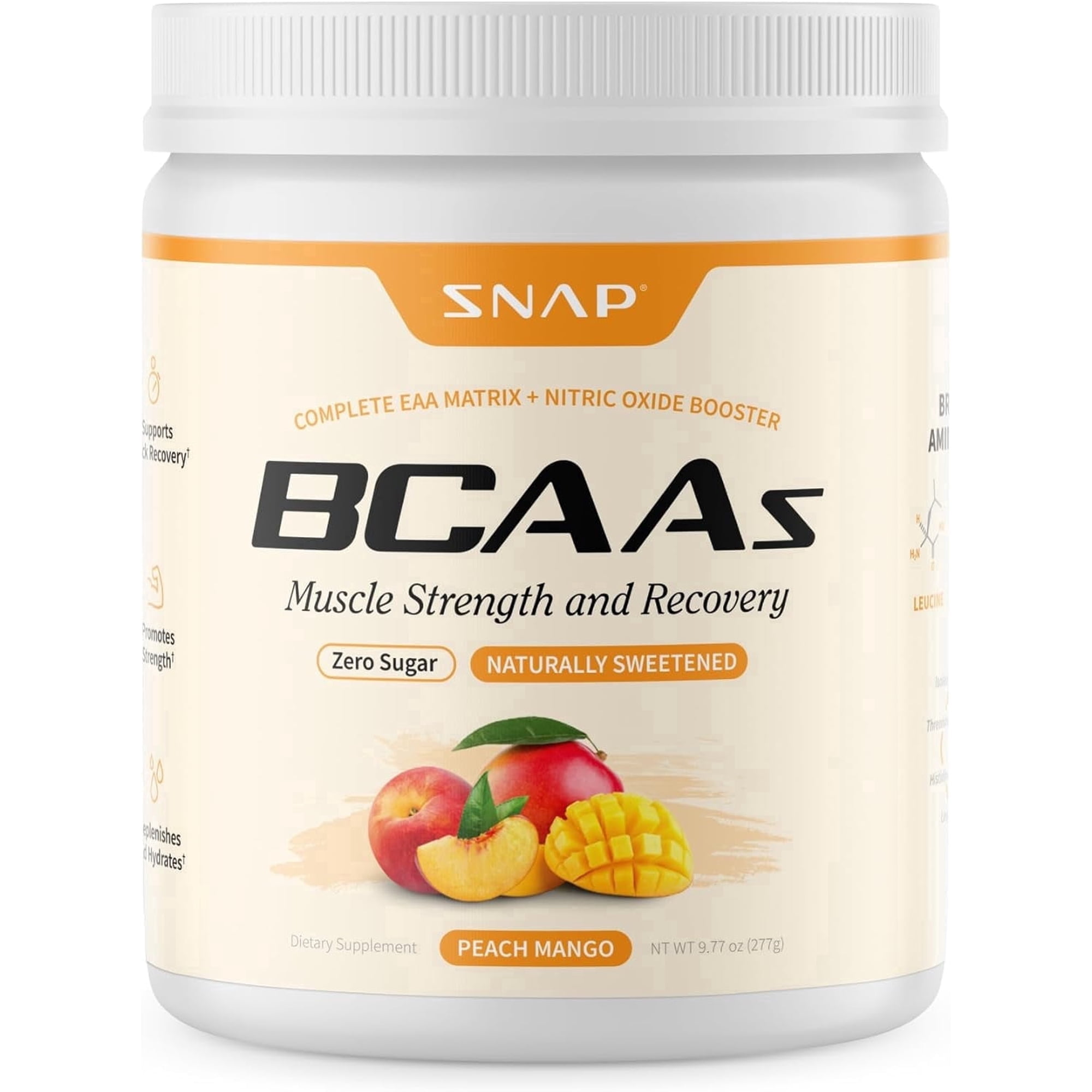 Snap Supplements BCAA Powder with Electrolytes, Peach Mango, 30 Servings, Dietary Supplement Drink Mix for Adults, Easy-to-Mix Daily Powder Formula, Designed for workout performance and recovery
