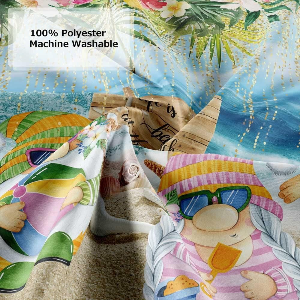 Cute Summer Gnomes Shower Curtain, Funny Beach Ocean Wooded Print Seaside Holiday Home Bathroom Curtain, Tropical Green Leaves and Flowers Decor Shower Curtains with Hooks 72x72Inch