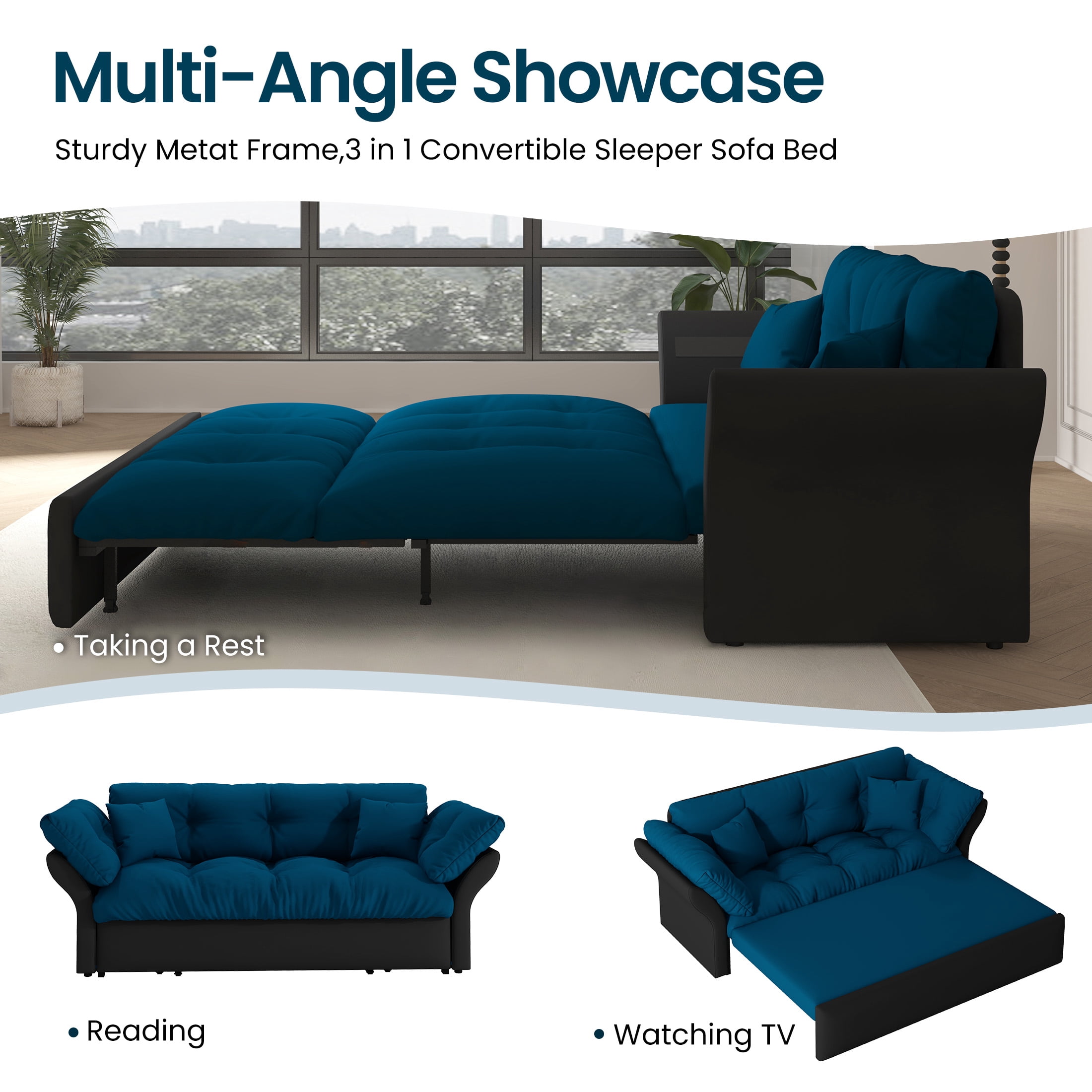 Aukfa 74.8" Queen Pull Out Sofa Bed, Convertible Loveseat Sleeper Sofa Couch with 2 Pillows, Tufted, Blue