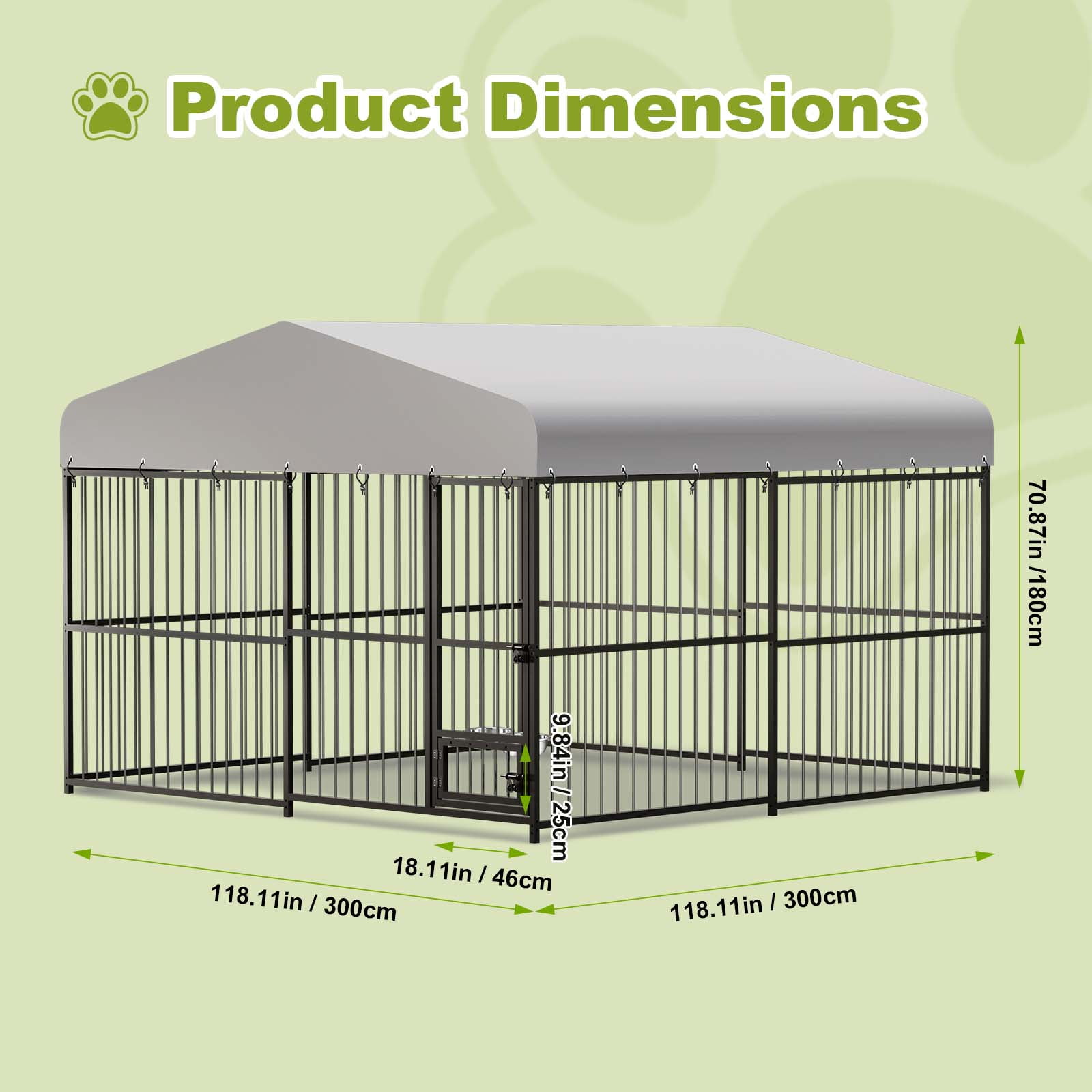 Large Outdoor Dog Kennel, 10x10 ft Dog Kennel Outside with 2 Stainless Steel Bowl, Waterproof Cover, Outdoor Dog Enclosures for Large Dogs