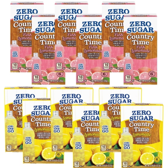 (12) Country Time On The Go Powder Drink Mix Lemonade & Pink Lemonade Flavor Water Enhancer Zero Sugar Low-Calorie Powder Beverages for On the Go Picnic Camping 6 Count & CUSTOM Storage Carrier