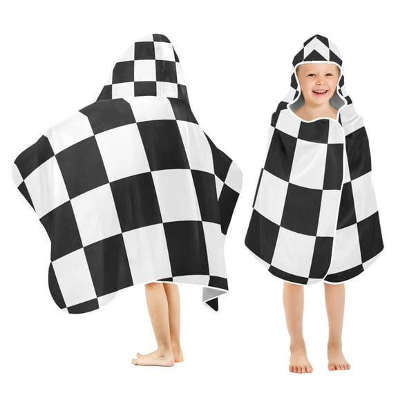 White and Black Checkered Grid Art Pattern Kids Hooded Beach Towel Baby Bath Poncho Towels with Hood Absorbent 50"x23.5" for Pool Swimming