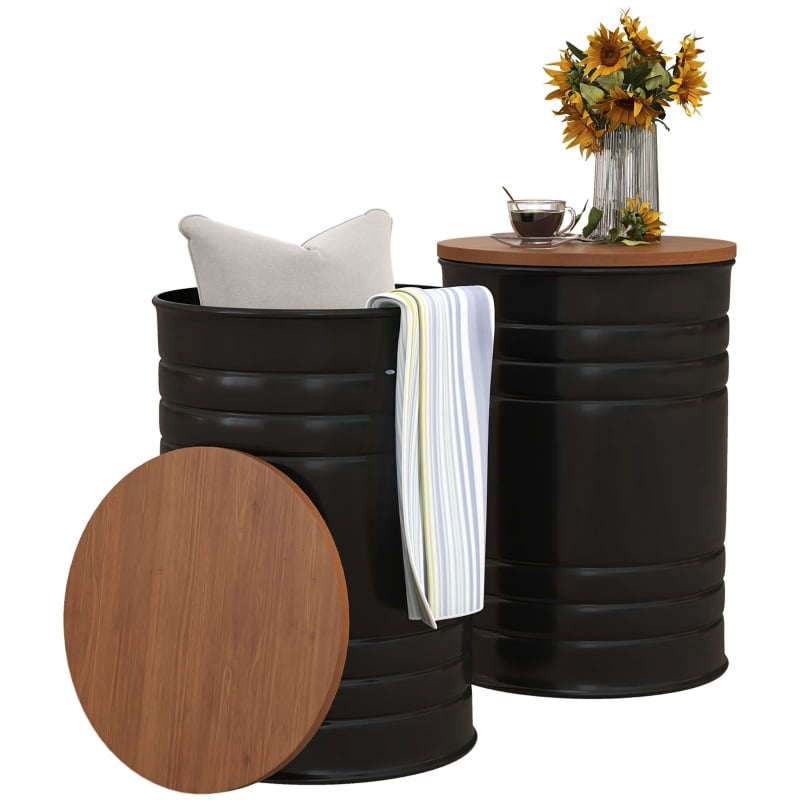 HOQBN Round Storage Ottoman Set of 2, Nesting Ottomans with Wooden Lid, Metal Frame and Hidden Storage Space for Bedroom