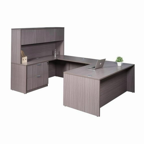 Boss Office Products 71" U-Shape Desk with Lateral File and Hutch in Driftwood