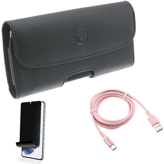 For Samsung Galaxy S21 (6.2") - Holster Leather Case Belt Clip   Charger Cord Pink 6ft USB-C Cable   [Fingerprint Works] TPU Film Privacy Screen Protector