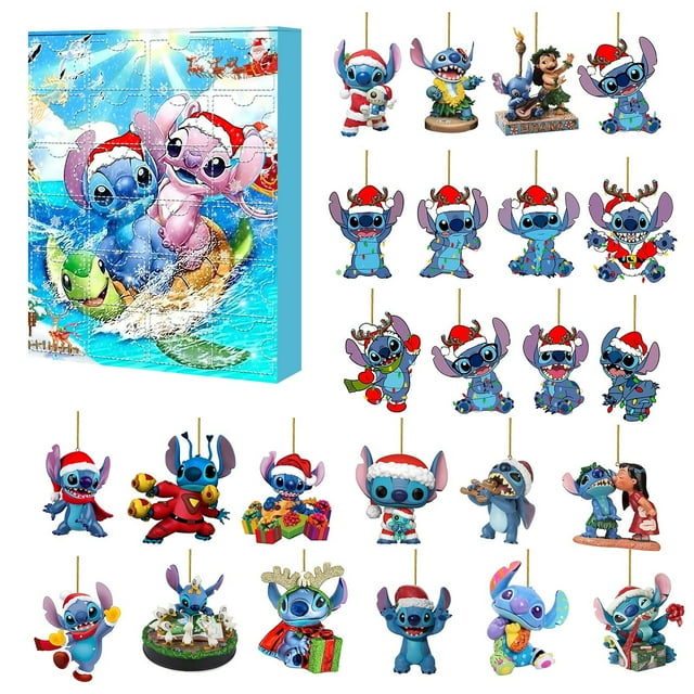 caja sorpresa kevche 30cm calendario de adviento navidad 24 piezas 6cm 2d figuras caja ciega stitch — Vista frontal centrada del calendario multicolor de KEVCHE con 24 puertas numeradas y una ilustración navideña de Stitch; se muestran las 24 figuras coleccionables 2D (aprox. 6 cm) en filas, varias con gorro navideño, renos o regalos y cordón para colgar. Diseñado como cuenta regresiva navideña y decoración festiva; también es frecuente su uso para exhibir pequeñas colecciones.