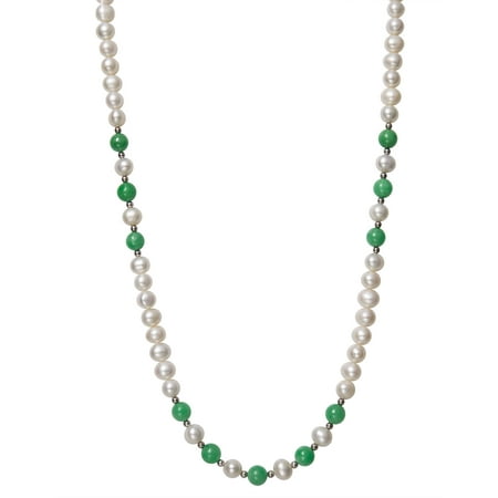7-8mm Cultured Freshwater Pearl and 8mm Dyed Green Jadeite Necklace with Sterling Silver Accent Beads, 18