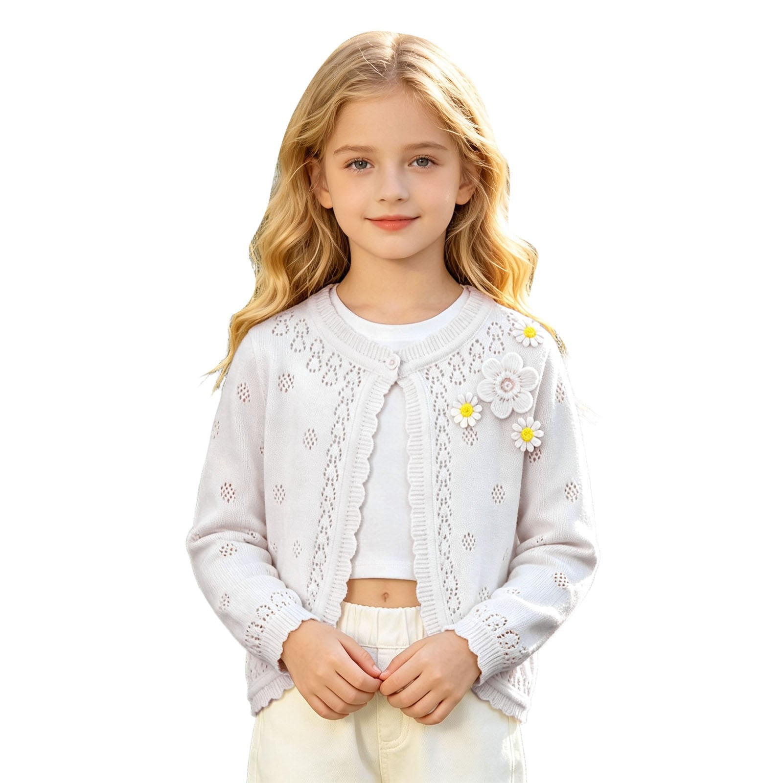 VeFlora Girls Bolero Cardigan Sweater Kids Hollow Out Shrug Knitted Jacket Long Sleeve One Button Down Open Front Cover Up Tops(White7/3-4 Years)
