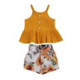 thumbnail image 1 of 2Pcs Sweet Style Little Girls Outfit, Summer Solid Color Flouncing Sleeveless Suspender Top + Creative Flower Printing Shorts Set, 1 of 4