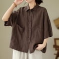 thumbnail image 4 of Endives Womens Cotton Linen Shirt Half Sleeve Button Down Shirt Lapel Loose Casual Versatile Shirt Trendy Coffee, 4 of 6